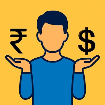 an animated man holding the rupee symbol in ane hand and US dollar symbol in the other hand